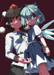 Rule 34 | 1futa, 1girl, ass grab, bdsm, black hair, black skirt, blue dress, blue eyes, blue hair, blush, bondage, bound, bound wrists, bulge, cirno, dress, erection, erection under clothes, fingernails, frilled sleeves, frills, futa with female, futanari, hair between eyes, hat, huxiao (mistlakefront), implied futanari, long sleeves, looking at viewer, pleated skirt, pointy ears, pom pom (clothes), puffy short sleeves, puffy sleeves, red eyes, restrained, rope, shadow, shameimaru aya, short hair, short sleeves, skirt, small penis, smile, tokin hat, touhou