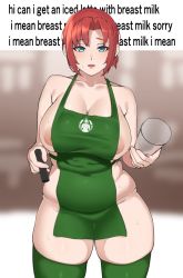 Rule 34 | 1girl, absurdres, alternate costume, apron, aqua eyes, barista, boudica (fate), breasts, cup, curvy, disposable cup, english text, facing viewer, fate/grand order, fate (series), green apron, green thighhighs, highres, holding, holding cup, holding marker, huge breasts, iced latte with breast milk (meme), looking at viewer, marker, meme, naked apron, nipple slip, nipples, nohohon pictures, plump, red hair, short ponytail, skindentation, solo, starbucks, thighhighs