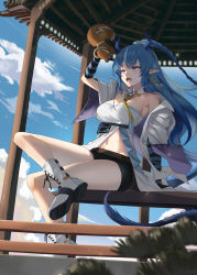 Rule 34 | 1girl, absurdres, ankle boots, arknights, bare shoulders, beruko14, blue eyes, blue hair, boots, breasts, detached collar, dragon girl, dragon horns, dragon tail, full body, highres, horns, jug (bottle), large breasts, ling (arknights), long hair, long sleeves, navel, necktie, off shoulder, open mouth, pavilion, pointy ears, sitting, solo, tail, thighs, white footwear, yellow necktie