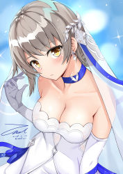 Rule 34 | 1girl, bare shoulders, blush, breasts, bridal veil, choker, cleavage, closed mouth, collarbone, dated, dress, earrings, elbow gloves, girls&#039; frontline, gloves, hair ornament, hand up, head tilt, jewelry, looking at viewer, medium breasts, official alternate costume, short hair, sidelocks, signature, silver hair, solo, sparkle, strapless, strapless dress, twitter username, unel1211, vector (ardent devotion) (girls&#039; frontline), vector (girls&#039; frontline), veil, wedding dress, white dress, white gloves, yellow eyes