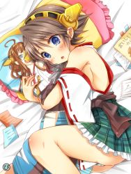 Rule 34 | 10s, 1girl, bare shoulders, blue eyes, brown hair, dakimakura (medium), dakimakura (object), detached sleeves, frilled pillow, frills, hairband, hiei (kancolle), highres, hug, hugging object, kantai collection, kongou (kancolle), long hair, open mouth, panties, pantyshot, personification, picpicgram, pillow, pillow hug, short hair, solo, striped clothes, striped panties, tears, underwear