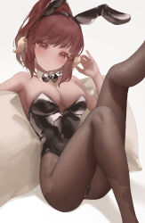 Rule 34 | 1girl, animal ears, au ra, black bow, black bowtie, black leotard, blush, bow, bowtie, breasts, brown hair, brown pantyhose, cleavage, commentary, commission, detached collar, dragon girl, dragon horns, fake animal ears, final fantasy, final fantasy xiv, head tilt, high ponytail, highres, horns, large breasts, leotard, long hair, looking at viewer, metatarou, pantyhose, parted lips, pillow, playboy bunny, rabbit ears, scales, simple background, sitting, skeb commission, solo, strapless, strapless leotard, warrior of light (ff14)
