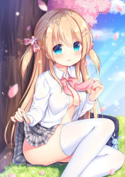 Rule 34 | 1girl, :q, bag, bag charm, blonde hair, blue sky, blurry, blurry background, blush, bow, breasts, charm (object), cherry blossoms, cleavage, closed mouth, clothes lift, cloud, collared shirt, commentary request, day, depth of field, dress shirt, feet out of frame, flower, grass, grey skirt, hair between eyes, hair bow, hair flower, hair ornament, ikataruto, lifting own clothes, long hair, looking at viewer, medium breasts, moe2019, no bra, on grass, original, outdoors, petals, pink bow, pink flower, plaid, plaid skirt, pleated skirt, school bag, school uniform, shirt, sitting, skirt, skirt lift, sky, smile, solo, thighhighs, tongue, tongue out, tree, two side up, very long hair, white shirt, white thighhighs