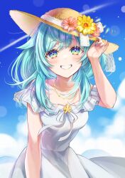Rule 34 | 1girl, blue eyes, blue hair, blue sky, blush, character request, collarbone, commission, dress, flower, grin, hair ribbon, hat, hat flower, highres, jewelry, leaning forward, long hair, looking at viewer, necklace, pink flower, ribbon, shinishi chiho, short sleeves, skeb commission, sky, smile, solo, standing, straw hat, sun hat, virtual youtuber, white dress, white ribbon, yellow flower, yellow hat