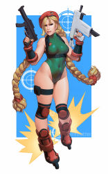 Rule 34 | 1girl, beret, blonde hair, blue eyes, braid, breasts, cammy white, capcom, commentary request, covered navel, dual wielding, entheighth, fingerless gloves, full body, garrison cap, gloves, green leotard, gun, hat, highres, holding, holding weapon, inline skates, knee pads, large breasts, leotard, long hair, roller skates, scar, skates, solo, street fighter, street fighter v, thigh strap, thong leotard, twin braids, twitter username, weapon