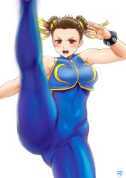 Rule 34 | 1girl, armpits, ass, bare arms, bare shoulders, black hair, blue bodysuit, blue dress, bodysuit, brown eyes, brown hair, bun cover, capcom, china dress, chinese clothes, chun-li, double bun, dress, finalcake, hair bun, hair pulled back, highres, motion blur, open mouth, short hair, side slit, skin tight, solo, spread legs, street fighter, street fighter zero (series), thighs, white background