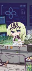 Rule 34 | 1girl, black gloves, black headwear, breasts, cake, chibi, chinese commentary, crown, earrings, evil smile, food, gloves, green hair, hair between eyes, highres, holding, holding pencil, honkai (series), honkai impact 3rd, id card, infinity symbol, jewelry, lab coat, long hair, mobius (honkai impact), official art, official wallpaper, paper, pencil, screen, sitting, small breasts, smile, smirk, solo, sticker, tablet pc, white sleeves
