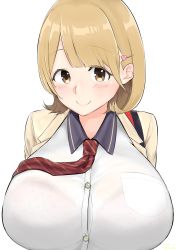 Rule 34 | 10s, 1girl, absurdres, bra, bra visible through clothes, breasts, brown eyes, brown hair, hair ornament, hairclip, heart, heart hair ornament, highres, huge breasts, looking at viewer, matching hair/eyes, mishima ryo, narusawa ryouka, necktie, occultic;nine, pink bra, polka dot, polka dot bra, see-through, short hair, simple background, smile, solo, striped necktie, striped neckwear, underwear, upper body, white background