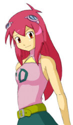 Rule 34 | 1girl, belt, digimon, female focus, goggles, goggles on head, kizuna (digimon), long hair, looking at viewer, pink hair, skirt, smile, solo