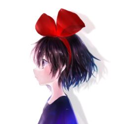 Rule 34 | 1girl, black skirt, bow, bow hairband, brown eyes, brown hair, closed mouth, commentary, drop shadow, eyelashes, from side, hairband, kiki (majo no takkyuubin), koneko mari, majo no takkyuubin, profile, red bow, red hairband, short hair, simple background, skirt, solo, upper body, white background