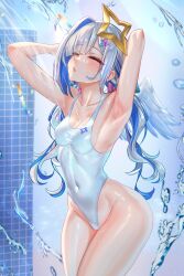 Rule 34 | 1girl, absurdres, alternate costume, amane kanata, armpits, arms up, blue hair, blurry, blurry background, blush, breasts, closed eyes, collarbone, colored inner hair, covered navel, cowboy shot, grey hair, hair ornament, halo, highleg, highleg swimsuit, highres, hololive, jagoo, multicolored hair, one-piece swimsuit, open mouth, parted bangs, pink hair, showering, sidelocks, single hair intake, small breasts, solo, star halo, streaked hair, swimsuit, thighs, virtual youtuber, water, wet, white one-piece swimsuit