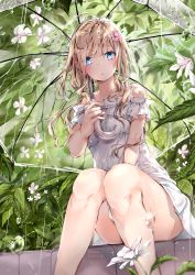 Rule 34 | 1girl, absurdres, artist name, bare legs, bare shoulders, blonde hair, blue eyes, blurry, convenient leg, dated, dema hmw, depth of field, dress, feet out of frame, flower, glint, highres, holding, holding umbrella, leaf, long hair, looking at viewer, md5 mismatch, nail polish, nature, original, parted lips, pink nails, plant, rain, resolution mismatch, sitting, solo, source smaller, thighs, transparent, transparent umbrella, umbrella, water, water drop, white dress, white flower