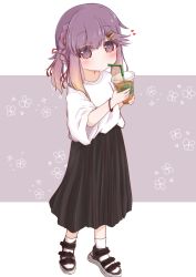 Rule 34 | 1girl, bendy straw, black footwear, black skirt, blush, braid, brown hair, cup, disposable cup, drink, drinking, drinking straw, floral background, full body, gradient hair, grey background, hair ornament, hair ribbon, hairclip, heart, highres, holding, holding cup, kantai collection, long hair, long skirt, looking at viewer, multicolored hair, pleated skirt, purple eyes, purple hair, red ribbon, ribbon, ridy (ri sui), sandals, shirt, short sleeves, sidelocks, skirt, socks, solo, standing, tsushima (kancolle), two-tone background, white background, white shirt, white socks, wide sleeves