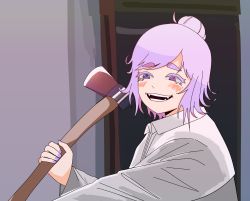 Rule 34 | 1girl, absurdres, american psycho, axe, blush, colored eyelashes, cosplay, evil smile, grin, heterochromia, highres, holding, holding axe, light purple hair, multicolored eyes, open mouth, original, patrick bateman, patrick bateman (cosplay), raincoat, simple background, smile, solo, xyanide