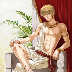 Rule 34 | 1boy, armlet, blonde hair, bracelet, curtains, earrings, egmer, fate/zero, fate (series), gilgamesh (fate), highres, jewelry, crossed legs, male focus, necklace, nipples, red eyes, sandals, sitting, solo, throne, toga
