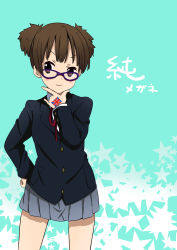 Rule 34 | &gt;:3, 1girl, :3, bad id, bad pixiv id, bespectacled, brown eyes, brown hair, character name, flag, glasses, hand on own chin, highres, k-on!, md5 mismatch, official style, ragho no erika, raised eyebrows, school uniform, short hair, short twintails, smile, solo, suzuki jun, tattoo, twintails, v-shaped eyebrows