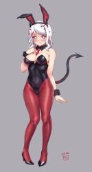 Rule 34 | 1girl, animal ears, arm at side, black footwear, black leotard, blush, breasts, cleavage, commentary request, covered navel, demon girl, demon horns, demon tail, detached collar, fake animal ears, finalcake, full body, grey background, hand on own chest, heart, heart-shaped pupils, helltaker, high heels, highres, horns, large breasts, leotard, looking at viewer, medium hair, modeus (helltaker), necktie, open mouth, pantyhose, playboy bunny, rabbit ears, red eyes, red necktie, simple background, smile, solo, standing, symbol-shaped pupils, tail, white hair
