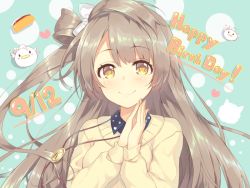 Rule 34 | 10s, 1girl, bolo tie, bow, brown eyes, brown hair, dated, hair bow, happy birthday, heart, kokusan moyashi, long hair, long sleeves, looking at viewer, love live!, love live! school idol festival, love live! school idol project, minami kotori, minami kotori (bird), one side up, own hands together, smile, solo, sweater, upper body, white bow