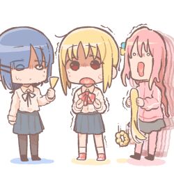 3girls ahoge bad_id bad_twitter_id blonde_hair blue_hair blue_skirt bocchi_the_rock! bow brown_eyes chibi cube_hair_ornament detached_hair failure fine_art_parody garubegaru gotoh_hitori hair_between_eyes hair_ornament hand_up highres holding_another&#039;s_hair ijichi_nijika inactive_account jacket long_hair long_sleeves looking_at_viewer multiple_girls nervous_sweating o_o open_mouth pants pants_under_skirt parody pink_hair pink_jacket pink_pants pink_track_suit pleated_skirt red_bow red_footwear shaded_face shirt shoes side_ponytail sidelocks skirt surprised sweat the_scream track_jacket trembling white_background white_shirt yamada_ryo