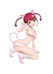 Rule 34 | 1girl, animal ears, artist request, ass, blush, boots, breasts, cat ears, fur bikini, highres, large breasts, looking at viewer, open mouth, paw pose, red hair, simple background, smile, solo, source request, tokonome mamori, valkyrie drive, valkyrie drive -mermaid-, white background, yellow eyes