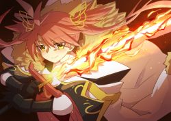 Rule 34 | 1girl, ahoge, black gloves, fire, flaming sword, flaming weapon, flower knight girl, fur trim, gloves, hoshikujaku (flower knight girl), long hair, mizunashi (second run), red hair, sword, twintails, weapon, yellow eyes