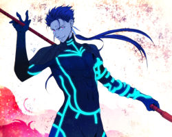 Rule 34 | 1boy, abs, armor, beads, blue hair, bodysuit, charatei, cu chulainn (fate), cu chulainn (fate/extra), cu chulainn (fate/stay night), earrings, fate/extra, fate/stay night, fate (series), gae bolg (fate), glowing, grin, hair beads, hair ornament, holding, holding polearm, holding weapon, jewelry, long hair, male focus, muscular, official alternate costume, pauldrons, polearm, polearm behind back, ponytail, red eyes, shoulder armor, skin tight, smile, solo, spiked hair, type-moon, weapon
