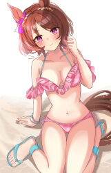 1girl alternate_costume breasts brown_hair cleavage closed_mouth collarbone commentary_request flip-flops hair_ornament hanamura_pink highres horse_girl navel purple_eyes sakura_laurel_(umamusume) sand sandals sitting small_breasts smile solo swimsuit umamusume white_background