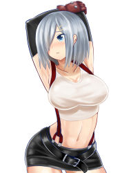 Rule 34 | 1girl, blue eyes, breasts, cosplay, female focus, final fantasy, final fantasy vii, hair ornament, hair over one eye, hairclip, hamakaze (kancolle), highres, kantai collection, large breasts, pencil skirt, short hair, silver hair, simple background, sin (kami148), skirt, solo, square enix, suspender skirt, suspenders, tifa lockhart, tifa lockhart (cosplay)