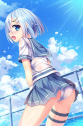 Rule 34 | 1girl, ass, blue eyes, blue hair, blue sailor collar, blue skirt, blue sky, blush, cloud, cloudy sky, commentary request, day, dutch angle, hair between eyes, hair ornament, hairclip, hamakaze (kancolle), highres, horizon, kantai collection, looking at viewer, looking to the side, ocean, outdoors, panties, pleated skirt, profile, railing, sailor collar, school uniform, see-through, serafuku, shirt, short hair, short sleeves, skirt, sky, solo, sunlight, thigh strap, thighs, umitonakai, underwear, water, wet, wet clothes, wet shirt, white panties, white shirt