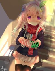 Rule 34 | 1girl, airani iofifteen, alternate costume, blush, commentary, fujiwarahatsune, gift, hair ornament, headband, highres, hololive, hololive indonesia, long hair, looking at viewer, painttool sai (medium), purple eyes, school uniform, side ponytail, solo, stairs, thighhighs, valentine, virtual youtuber