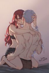 Rule 34 | 1boy, 1girl, affectionate, blush, brown eyes, couple, grey hair, hand on another&#039;s back, hand on another&#039;s head, hand on another&#039;s leg, hand on another&#039;s thigh, happy, hetero, highres, hug, indoors, kirijou mitsuru, kiss, looking at another, muscular, muscular male, on bed, open mouth, partially undressed, persona, persona 3, red hair, sanada akihiko, scar, sitting, sitting on lap, sitting on person, skirt, smile, soc nau, straddling, sweat, sweatdrop, topless male, undressing another, yellow eyes