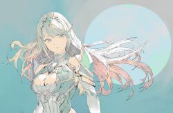 1girl absurdres armor bare_shoulders blonde_hair blue_background breasts cleavage cleavage_cutout clothing_cutout commentary dress elbow_gloves floating_hair gem gloves green_gemstone highres hip_vent large_breasts long_hair looking_at_viewer mythra_(xenoblade) ngais pale_color parted_lips shoulder_armor sleeveless sleeveless_dress solo swept_bangs tiara upper_body white_dress xenoblade_chronicles_(series) xenoblade_chronicles_2 yellow_eyes