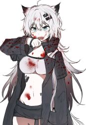 Rule 34 | 1girl, 5rwpvc, :o, ahoge, animal ears, arknights, black coat, black shorts, blood, blood on clothes, blood on face, breasts, cleavage, coat, cowboy shot, fangs, grey eyes, highres, infection monitor (arknights), lappland (arknights), large breasts, long hair, long sleeves, looking at viewer, navel, open mouth, scar, scar across eye, shorts, simple background, solo, stomach, strapless, tail, tube top, white background, white hair, white tube top, wolf ears, wolf girl, wolf tail