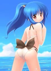 Rule 34 | 1girl, alternate costume, alternate hairstyle, ass, back, back bow, bikini, black bow, blue hair, blue sky, blush, bow, closed mouth, cloud, commentary request, cowboy shot, day, emurin, food-themed hair ornament, from behind, hair between eyes, hair ornament, high ponytail, hinanawi tenshi, horizon, long hair, looking at viewer, looking back, ocean, outdoors, peach hair ornament, red eyes, sky, smile, solo, swimsuit, touhou, water, white bikini