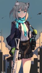 Rule 34 | 1girl, absurdres, animal ear fluff, animal ears, assault rifle, bag, black jacket, black skirt, blazer, blue archive, blue eyes, blue necktie, blue scarf, blue sky, breasts, closed mouth, cloud, commentary, day, fringe trim, gar32, gloves, green gloves, grey hair, gun, hair ornament, highres, holding, holding gun, holding weapon, jacket, looking at viewer, necktie, open clothes, open jacket, outdoors, pleated skirt, scarf, shiroko (blue archive), shirt, shoulder bag, sig sauer 556, skirt, sky, small breasts, smile, solo, standing, thighs, trigger discipline, weapon, white shirt