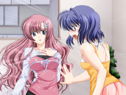 2girls ayane_(shimai_don) blue_hair game_cg maaya_(shimai_don) multiple_girls pink_hair shimai_don~shirudaku_de~ short_hair