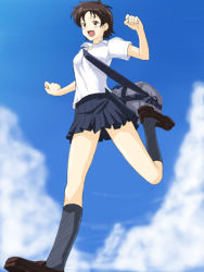 Rule 34 | 00s, 1girl, :d, bad perspective, bag, between breasts, black skirt, black socks, blue sky, blush, breasts, brown eyes, brown footwear, brown hair, clenched hands, cloud, collared shirt, day, duffel bag, from below, kneehighs, konno makoto, leg up, loafers, masakichi (crossroad), miniskirt, open mouth, outdoors, over shoulder, running, shiny skin, shirt, shoes, short hair, short sleeves, skirt, sky, small breasts, smile, socks, solo, strap between breasts, tareme, toki wo kakeru shoujo, white shirt, wing collar