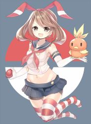 Rule 34 | 1girl, bike shorts, blue eyes, brown eyes, brown hair, cosplay, creatures (company), crop top, crossover, elbow gloves, full body, game freak, gen 3 pokemon, gloves, groin, hair ribbon, holding, holding poke ball, jumping, kantai collection, kuro guren, looking at viewer, may (pokemon), may (pokemon oras), midriff, navel, nintendo, open mouth, poke ball, pokemon, pokemon oras, ribbon, shimakaze (kancolle), shimakaze (kancolle) (cosplay), sidelocks, skirt, solo focus, striped clothes, striped thighhighs, thighhighs, torchic, two side up, white gloves