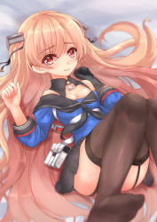 Rule 34 | 1girl, ayamiyuki, black skirt, black thighhighs, blue shirt, blush, breasts, cleavage, hair between eyes, hair ornament, highres, johnston (kancolle), kantai collection, light brown hair, long hair, lying, off shoulder, on back, pleated skirt, red eyes, sailor collar, school uniform, serafuku, shirt, skirt, solo, thighhighs, twintails, two side up, united states medal of honor, very long hair