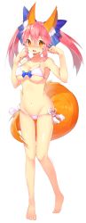 Rule 34 | 10s, 1girl, 5jack, animal ears, bad id, bad pixiv id, blue bow, blush, bow, breasts, cleavage, collarbone, fate/extra, fate/extra ccc, fate (series), fox ears, fox tail, full body, hair bow, highres, large breasts, long hair, looking at viewer, navel, official alternate costume, open mouth, pink hair, smile, solo, tail, tamamo (fate), tamamo no mae (fate/extra), tamamo no mae (sexy bikini) (fate), twintails, yellow eyes