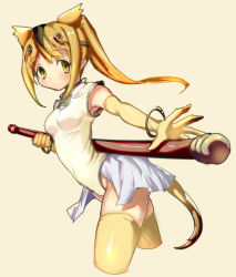 Rule 34 | 10s, 1girl, animal ears, armpits, bangle, bare shoulders, black hair, blonde hair, blush, bracelet, breasts, chinese clothes, circlet, covered navel, cowboy shot, cropped legs, elbow gloves, facing away, gloves, golden snub-nosed monkey (kemono friends), groin, hair between eyes, high ponytail, holding, holding staff, jewelry, kemono friends, leotard, long hair, looking at viewer, monkey ears, monkey tail, multicolored hair, narita imomushi, shiny clothes, showgirl skirt, sidelocks, simple background, small breasts, solo, staff, tail, tareme, taut clothes, taut leotard, thighhighs, turtleneck, two-tone hair, white leotard, yellow background, yellow eyes, yellow gloves, yellow thighhighs, zettai ryouiki