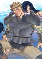 Rule 34 | 3boys, absurdres, armor, blonde hair, blue hair, blue scales, blush, cowboy shot, dungeon meshi, eye contact, highres, laios touden, long hair, looking at another, male focus, merman, monster boy, multiple boys, partially submerged, short hair, siren (mythology), sitting, spread legs, suyohara, sweatdrop, thick eyebrows, water, wavy hair, yaoi