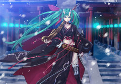 Rule 34 | 1girl, aqua hair, belt, black thighhighs, blue eyes, blunt bangs, clenched hand, gun, hatsune miku, highres, holding, holding weapon, horns, legs apart, long hair, midriff, revision, shrine, snowing, solo, standing, thighhighs, torii, v-shaped eyebrows, vocaloid, weapon, yahako