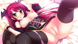 Rule 34 | 1girl, bed, black thighhighs, blush, breasts, breasts out, brown eyes, censored, dress, game cg, long hair, looking at viewer, luce yami asutarite, lying, magical marriage lunatics!!, nipples, on back, panties, panties around leg, pillow, pink panties, pussy, red hair, solo, spread legs, thighhighs, underwear, yamakaze ran, yellow eyes