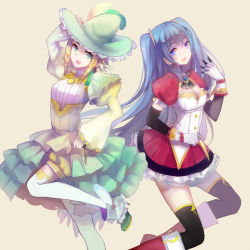 Rule 34 | 2girls, absurdres, black legwear, blonde hair, blue eyes, blue hair, boots, braid, dress, frilled hat, frilled skirt, frills, gloves, green eyes, hand on headwear, hand on own hip, hand up, hat, hatsune miku, highres, juliet sleeves, kagamine rin, layered skirt, long hair, long sleeves, looking at viewer, medium hair, multiple girls, open mouth, pleated skirt, puffy short sleeves, puffy sleeves, red skirt, shirt, short sleeves, side braids, skirt, smile, sylvia (huajiuhuajiu), thighhighs, twintails, very long hair, vocaloid, white gloves, white legwear, white shirt, witch hat