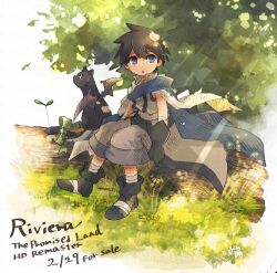 Rule 34 | 1boy, bandaged ankle, bandaged wrist, bandages, bat wings, black cat, black gloves, blue eyes, bow, brown hair, cat, dated, ecthel (riviera), gloves, grass, green bow, green eyes, hashino ami, leaf, light rays, log, parted lips, riviera, rose (riviera), short hair, shorts, sitting, sitting on log, sprout, tail, tail bow, tail ornament, torn clothes, tree, wings