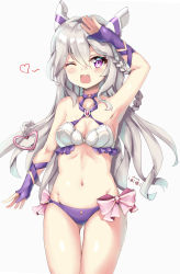 Rule 34 | 1girl, arm up, bare shoulders, bikini, blush, bow, braid, breasts, cleavage, commentary request, fang, gloves, grey background, groin, hair ornament, heart, heart hair ornament, highres, long hair, medium breasts, navel, open mouth, partially fingerless gloves, pink bow, purple bikini, purple eyes, purple gloves, signature, silver hair, simple background, sirius (warship girls r), solo, swimsuit, very long hair, warship girls r, white bikini, zhudacaimiao