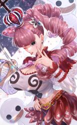 Rule 34 | 1girl, breasts, cleavage, crown, female focus, ghost, hand on own hip, heart, highres, huge breasts, long hair, looking at viewer, midriff, navel, one eye closed, one piece, perona, pink hair, sc scandium, skirt, solo, tongue, tongue out, twintails