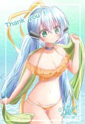 Rule 34 | 1girl, arm at side, bikini, black choker, blue hair, blush, breasts, choker, cleavage, closed mouth, collarbone, commentary request, commission, cowboy shot, crossed bangs, curvy, english text, eyelashes, frilled bikini, frills, green eyes, hair between eyes, halterneck, hand up, highres, hoshino yumemi, long hair, long ribbon, looking at viewer, low twintails, medium breasts, navel, neck ribbon, orange bikini, planetarian, ribbon, robot ears, signature, skeb commission, skindentation, smile, solo, standing, stomach, swimsuit, thigh gap, twintails, utuigawa, very long hair, water, yellow ribbon