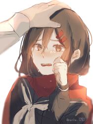 Rule 34 | 1girl, 1other, black sailor collar, black serafuku, blurry, brown eyes, brown hair, clenched hand, comforting, crying, crying with eyes open, enpera, fingernails, hair between eyes, hair ornament, hairclip, hand on another&#039;s head, hand on own face, kagerou project, long sleeves, looking at viewer, mekakucity actors, neckerchief, out of frame, parted lips, petting, red scarf, sailor collar, scarf, school uniform, serafuku, shunu tabetai, simple background, sketch, solo focus, tateyama ayano, tears, teeth, upper body, upper teeth only, white background, white neckerchief, wiping tears